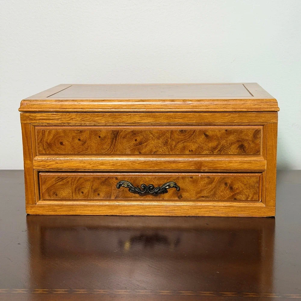 Vintage Burl Wood Jewelry Box Mirror Top Drawer Velvet Lined Trinket Organizer